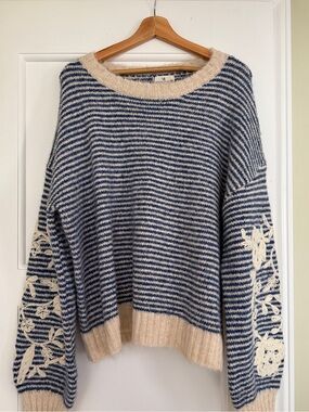 Urban Daizy Striped Blue & Cream Women's Sweater with Embroidered Sleeves